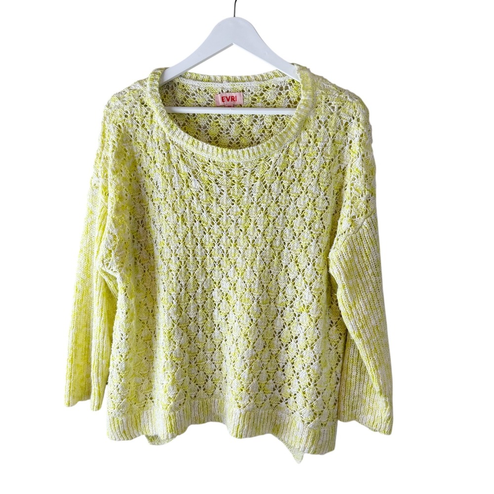 EVRI Women's 1X Yellow White Marled‎ Knit Open Weave Long Sleeve Sweater